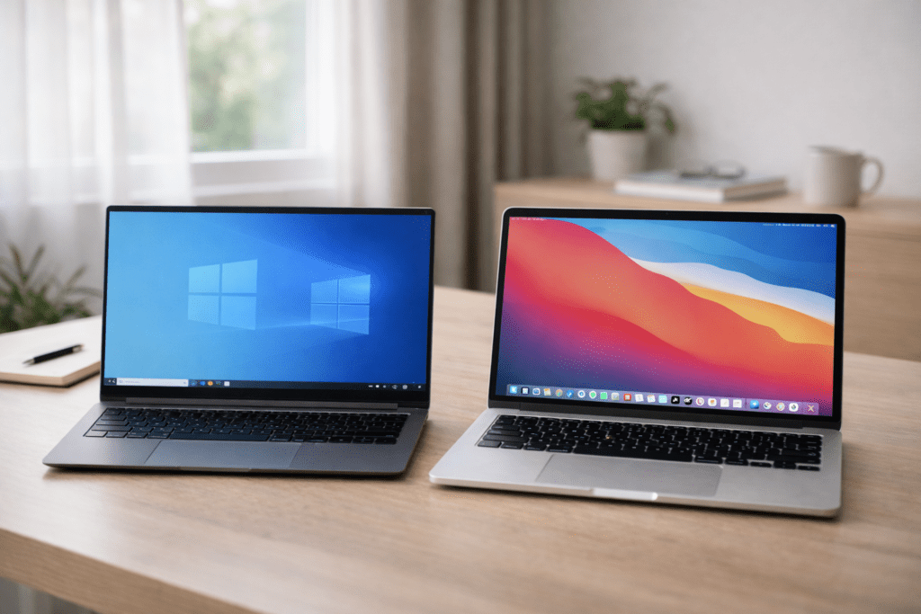 Switching from Windows to Mac laptop comparison on a clean desk